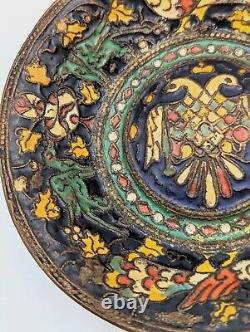 Antique Russian bronze plate with a double-headed eagle cloisonné enamel 19 th