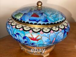 Antique chinese cloisonne Blue Bowl with Lid and Stand
