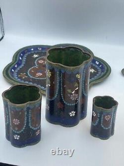 Antique cloisonne enamel vases with trays