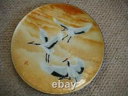 Boxed Large Cloisonne Enamel 3 Cranes Flying Plate & Stand Signed