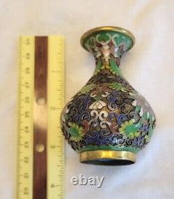 CHINESE CLOISONNE HIGH RELIEF OPENWORK Small Collectible Brass Vase 3.5 Inches