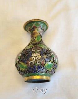 CHINESE CLOISONNE HIGH RELIEF OPENWORK Small Collectible Brass Vase 3.5 Inches
