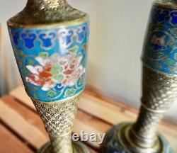 Candle Holder Antique Chinese Engraved Brass Champleve 1920 Candlestick Floral