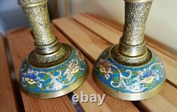 Candle Holder Antique Chinese Engraved Brass Champleve 1920 Candlestick Floral