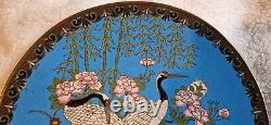 Chinese 19thC Large Bronze Cloisonne Cranes & Flora On Imperial Blue Ground Char