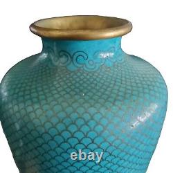 Chinese Antique Turquoise Cloisonne Enamel Vase Fish Scale Design Brass Trim 6
