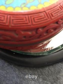 Chinese Cloisonne & Cinnabar lidded box 4 cms high x 10 cms in diameter