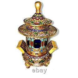 Chinese Cloisonne Enamel Gilt Incense Burner 4 Piece Censer Pot Vintage Antique