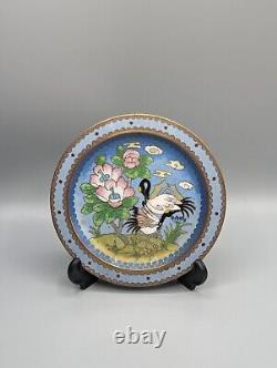 Chinese Cloisonné Plate, Cranes & Peach Blossoms, 1920s, Bronze Enamelled