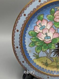 Chinese Cloisonné Plate, Cranes & Peach Blossoms, 1920s, Bronze Enamelled