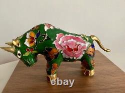 Chinese Copper Cloisonne Zodiac Ox Cattle Bullfighting Statue Ornament Vintage