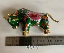 Chinese Copper Cloisonne Zodiac Ox Cattle Bullfighting Statue Ornament Vintage