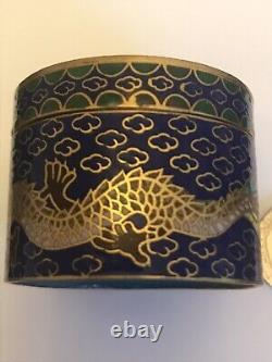 Chinese Dragon Cloisonne Blue Enamel Trinket Canister Jar Box