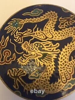 Chinese Dragon Cloisonne Blue Enamel Trinket Canister Jar Box