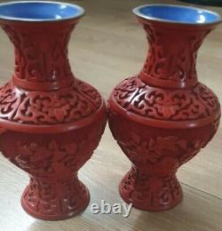 Chinese Hand Carved Cinnabar And Enamel Vases. Great Condition