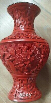 Chinese Hand Carved Cinnabar And Enamel Vases. Great Condition