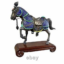 Chinese Silver Export Cloisonne Enamel War Horse w Turquoise & Coral on Rosewood