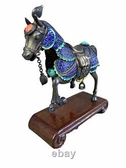 Chinese Silver Export Cloisonne Enamel War Horse w Turquoise & Coral on Rosewood