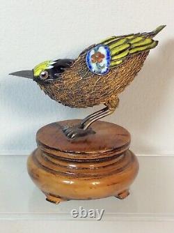 Chinese Silver Gilt & Enamel Firecrest or Goldfinch Bird on Wood Base NICE PIECE