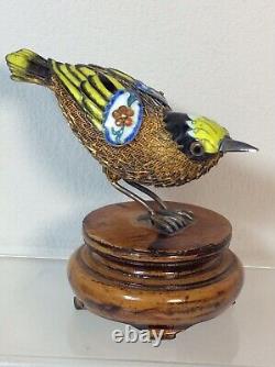 Chinese Silver Gilt & Enamel Firecrest or Goldfinch Bird on Wood Base NICE PIECE