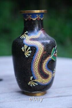 Chinese black cloisonne vase decorated with dragons chasing a flaming pearl