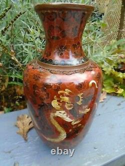 Chinese old cloisonne vase with dragon to side old brown colour good size
