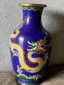 Cloisonné Vase Chinese Yellow Dragons 23 cm Tall DENTED