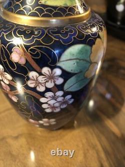 Cloisonné antique Chinese Vase Set In Blue Gold Pink And Green Flowers Beautiful