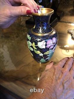 Cloisonné antique Chinese Vase Set In Blue Gold Pink And Green Flowers Beautiful