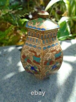 Cloisonne small vase and stand together with 2 minature cloisonne pots with lids