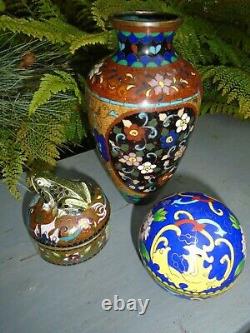 Cloisonne vase and 2 other pots with lids nice colours