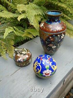 Cloisonne vase and 2 other pots with lids nice colours