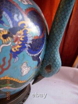 Enormous Chinese cloisonne water jug on stand with dragons 4 characters to base