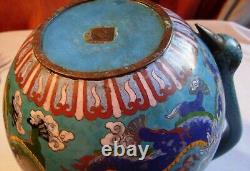 Enormous Chinese cloisonne water jug on stand with dragons 4 characters to base