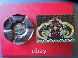 J5004 Antique/vtg Chinese Dragons Enamel Cloisonne Cigar Box & Ashtray See Desc