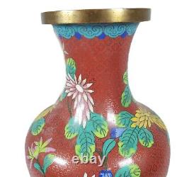 Large 12 Antique Chinese Cloisonne Vase Red Floral Bronze Base Flowers 19th c