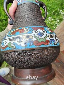 Large 19th C Antique Oriental Chinese Japanese Bronze Cloisonne Champleve Vase