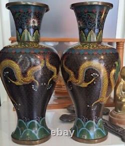 Large Pair of Chinese Cloisonné Dragon Vases, Early 20th Century