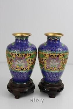 Late 19th Century Chinese Pair Cloisonne Vases With Stands 16cm Flower Deco