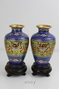 Late 19th Century Chinese Pair Cloisonne Vases With Stands 16cm Flower Deco