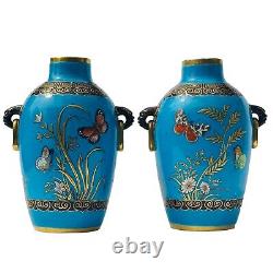 Minton Vase Cloisonne Dresser Pair Chinoiserie Aesthetic Enamel Birds Butterflie