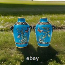 Minton Vase Cloisonne Dresser Pair Chinoiserie Aesthetic Enamel Birds Butterflie