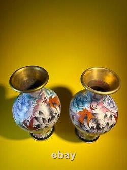 Mirrored Pair of Cloisonné Enamel & Brass Vases, Handsome Flower and Bird Design