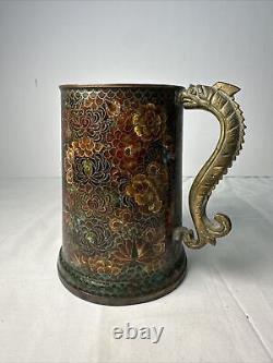 Old Chinese Cloisonne Dragon Hadled Stien Mug Lotus Decoration