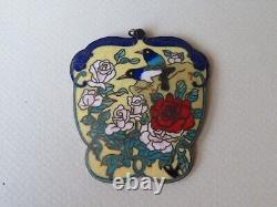 Old Chinese Cloisonne Pendant With Birds & Flowers On A Yellow Ground