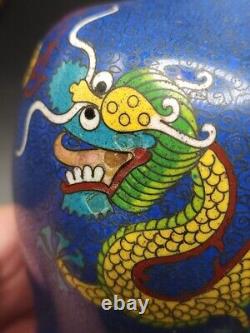 Pair 19th C Chinese Cloisonne Enamel Metal Vases Opposing Dragons Chasing Pearl