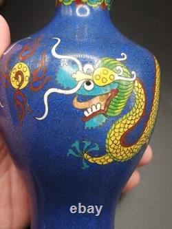 Pair 19th C Chinese Cloisonne Enamel Metal Vases Opposing Dragons Chasing Pearl