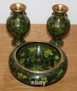 Pair Green Vintage Cloisonné Vases with a Bowl