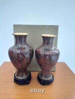 Pair Of 10 26cm High Vintage Chinese Floral Jingfa Cloisonne Boxed With Stand