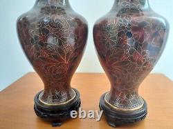 Pair Of 10 26cm High Vintage Chinese Floral Jingfa Cloisonne Boxed With Stand
